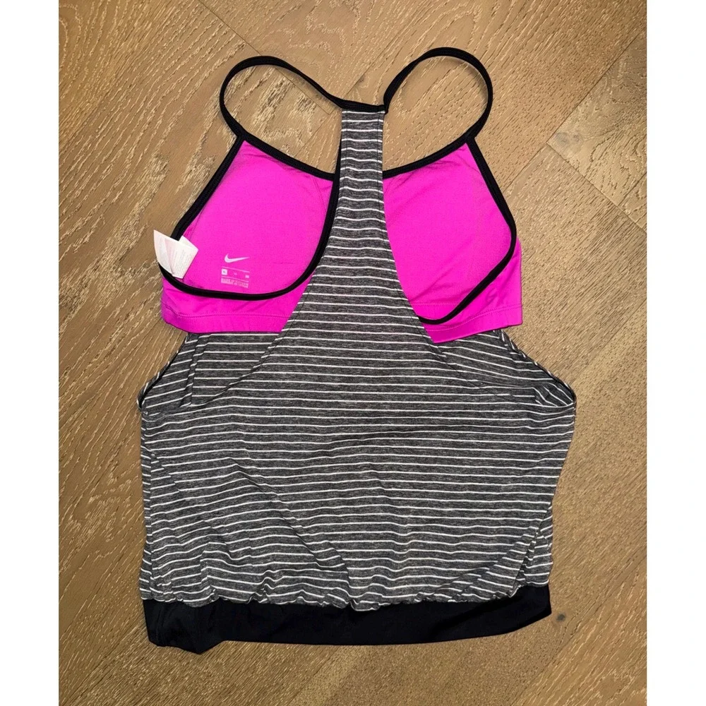 Nike Womens‎ 2-in-1 Tank Top Built-in Sports Bra Striped Pink Grey XL